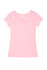 A pink women's cotton/spandex T-shirt with a scoop neckline and short sleeves. It has a tag inside.