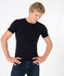 A fitted black spandex T-shirt on a model, featuring a logo on the sleeve.