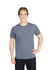 A grey heavy marl T-shirt worn by a man, featuring a round neckline and short sleeves. The model is standing with one hand on his hip.