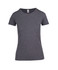 A grey women's t-shirt with short sleeves and a round neckline. It features a brand logo on the inside label.