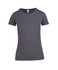 A grey women's t-shirt with short sleeves and a round neckline. It features a brand logo on the inside label.