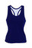 A women's navy blue singlet with a racerback design and a logo. Perfect for sports uniforms or casual wear.