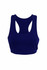 A navy blue women's self brassiere singlet with a racerback design and a logo.
