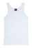 A white men's cotton singlet with a round neck and wide shoulder straps, featuring a logo tag.