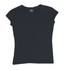 A black women's V-neck T-shirt with short sleeves and a logo on the neckline.