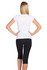 A white women's V-neck T-shirt viewed from the back, paired with black leggings. The shirt has a logo.