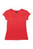 A red women's V-neck T-shirt with short sleeves and a branding label on the neckline.
