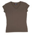 A women's olive green V-neck T-shirt with short sleeves and a logo on the tag.