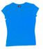A vibrant blue women's V-neck T-shirt with short sleeves and a fitted design, featuring a logo on the label.