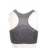 A grey sports crop top with a racerback design, featuring textured fabric and a logo.