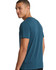 A men's/unisex T-shirt in a deep teal colour with a logo on the back, displayed from the side.