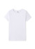 A white women's organic cotton T-shirt with short sleeves and a label inside. It features a logo on the neckline.
