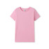 A pink women's organic cotton T-shirt featuring a classic crew neckline and short sleeves. It has a logo on the label.