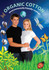 Two models wearing organic cotton T-shirts, one in black and one in white, set against a vibrant nature-themed background.