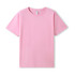 A pink organic cotton T-shirt with a round neckline and short sleeves, featuring a small logo at the neck.