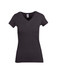 A women's marl v-neck t-shirt in dark grey, featuring short sleeves and a fitted design. It has a logo on the label.