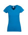 A blue marl women's V-neck T-shirt with short sleeves and a fitted design. It has a logo on the label.