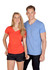 A red V-neck T-shirt worn by a woman and a blue V-neck T-shirt worn by a man, both featuring branding.
