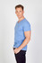 A blue men's marl V-neck T-shirt displayed on a model, featuring short sleeves and a fitted silhouette.