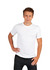 A white raw cotton T-shirt displayed on a model, featuring a round neck and short sleeves. The shirt has a branding logo.