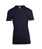 A dark navy raw cotton T-shirt with a round neckline and short sleeves. Features a brand logo.