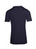 A back view of a navy unisex T-shirt with short sleeves and a logo on the upper back.