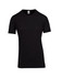 A black unisex T-shirt made from raw cotton, featuring a simple design and a label on the neckline.