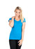 A blue women's raw cotton wave T-shirt with a fitted design, featuring a round neckline and short sleeves.