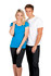 A woman in a blue T-shirt and a man in a white T-shirt pose together, showcasing the shirts' styles.