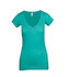 A women's raw cotton wave V-neck t-shirt in a soft turquoise colour, featuring short sleeves and a logo.