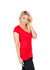 A red women's raw cotton wave V neck t-shirt with short sleeves, displayed on a model against a plain background.