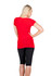 A red V-neck T-shirt in raw cotton, paired with black fitted shorts, on a model with long blonde hair.