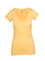 A women's raw cotton T-shirt in a vibrant yellow, featuring a V-neck design and short sleeves. It has a brand logo.