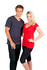 A grey men's V-neck T-shirt and a red unisex V-neck T-shirt displayed by a model duo. Both shirts feature a logo.