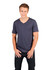A man poses in a navy raw cotton V-neck T-shirt, paired with black jeans. The shirt has a branding logo.