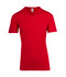 A red unisex raw cotton V-neck T-shirt with short sleeves and a label inside.