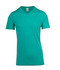 A teal raw cotton V-neck T-shirt with short sleeves, featuring a logo on the label.
