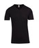 A black raw cotton V-neck T-shirt with short sleeves and a logo on the label.