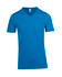 A blue V-neck t-shirt made from raw cotton with short sleeves. It features a logo on the tag.