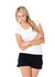 A white women's scoop neck T-shirt paired with black shorts, modelled by a standing woman with long blonde hair.