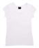 A women's white jersey scoop neck T-shirt displayed flat, featuring short sleeves and a brand logo inside the neckline.