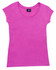 A pink women's jersey scoop neck T-shirt with short sleeves and a logo tag.