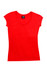 A red women's jersey scoop neck T-shirt with cap sleeves and a branded label inside.