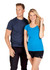 A navy crew neck t-shirt worn by a man, alongside a woman in a bright blue scoop neck t-shirt. Both are smiling.
