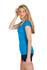 A women's scoop neck T-shirt in blue, featuring a fitted design and short sleeves, worn with black shorts.