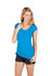 A blue women's scoop neck t-shirt displayed on a model, paired with black shorts. The t-shirt has a logo.