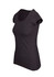 A dark grey women's scoop neck T-shirt with short sleeves and a fitted shape, featuring a logo.