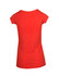 A red women's scoop neck T-shirt featuring cap sleeves and a curved hem, with a logo on the back.