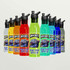 A drink bottle collection featuring various colors including yellow, orange, green, blue, and clear, each with a logo.
