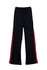 Black track pants featuring red stripes on the sides, with an elastic waistband and drawstring.